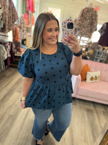 Kendall Polka Dot Puff Sleeve Top-Teal