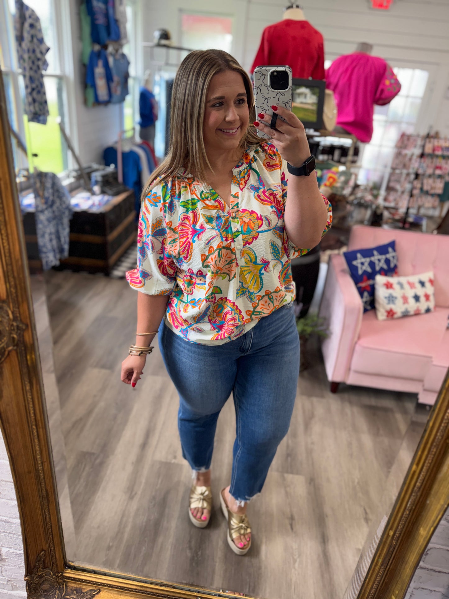 Sandra Paisley Print V-Neck Top-Cream Mix