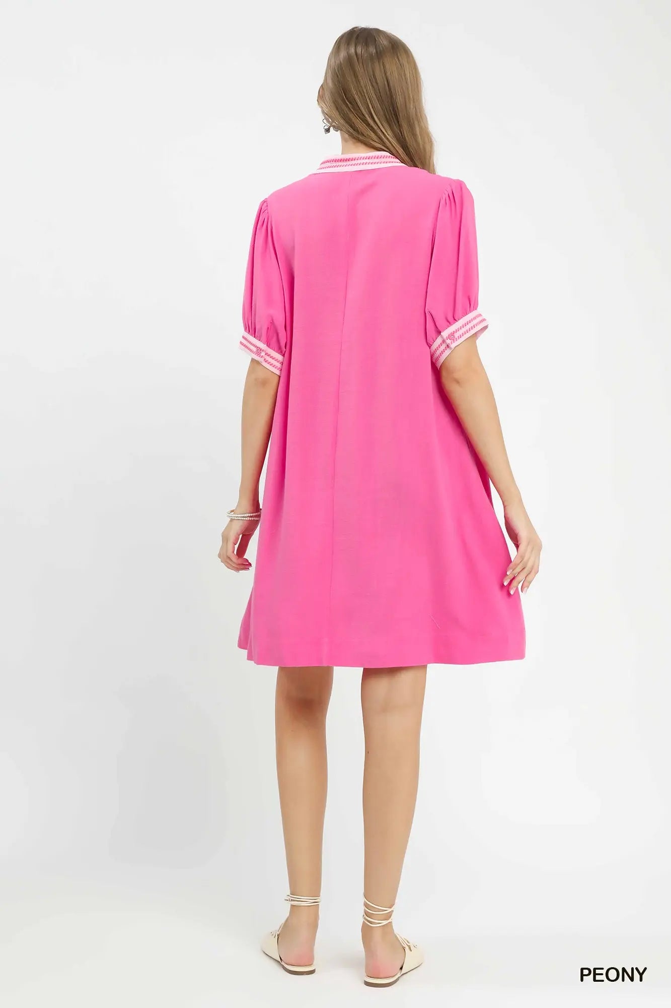 Makayla Linen Contrast Trim Puff Sleeve Dress