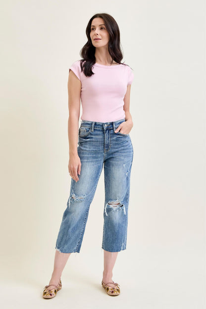 Annie High Waist w/ Destroy Crop Wide Leg Jeans