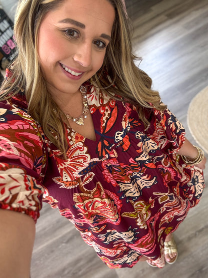 (S-2XL)Amber Abstract Print Puff Sleeve Babydoll Dress