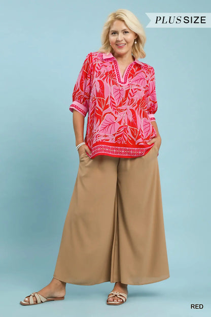 Liz Tropical Print Puff Sleeve Blouse-Red