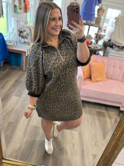 Allie Leopard Print Quarter Zip Puff Sleeve Dress