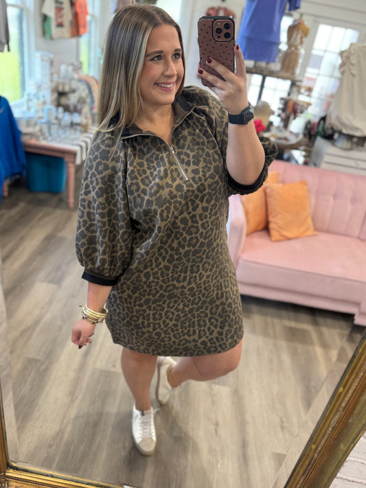 Allie Leopard Print Quarter Zip Puff Sleeve Dress