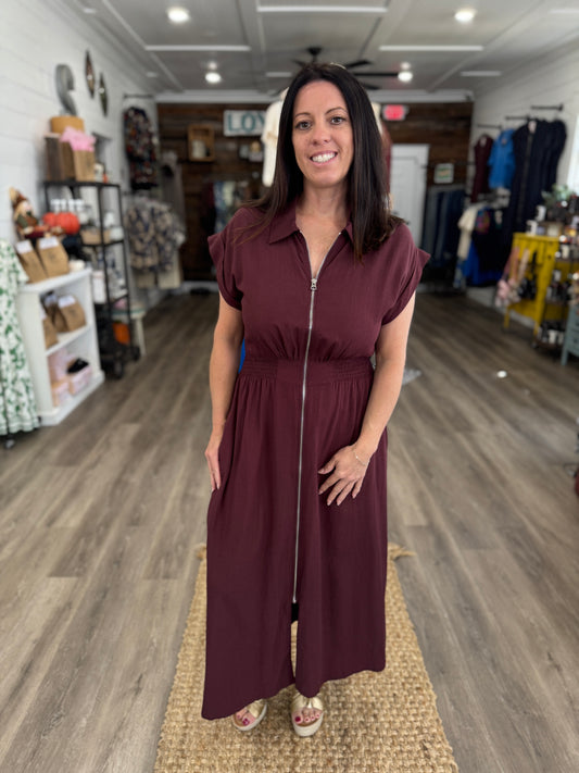 Rebecca Zip-Up Collared Pocket Midi Dress-Wine