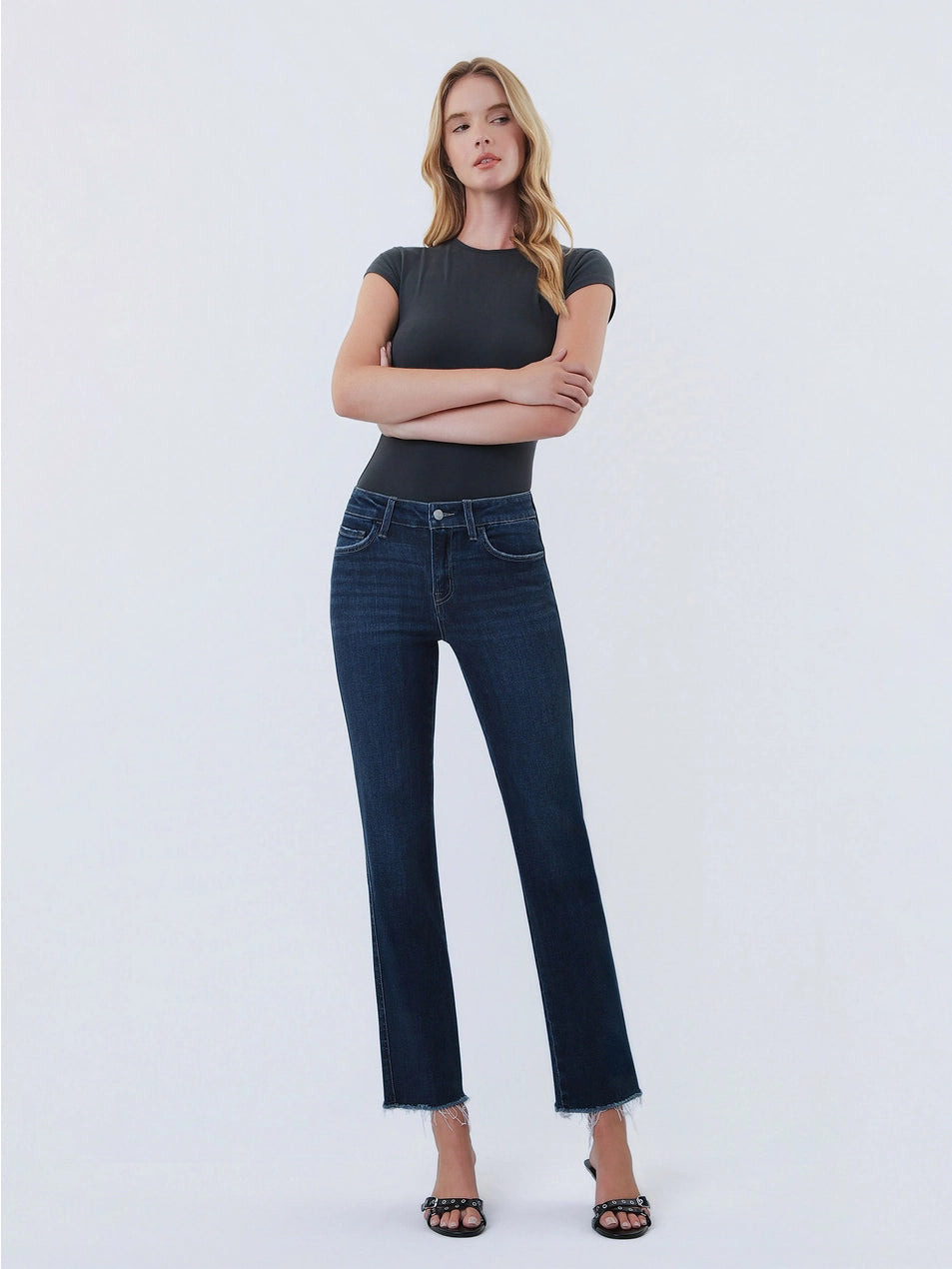 Reunite MR Dark Wash Raw Hem Ankle Straight Jeans