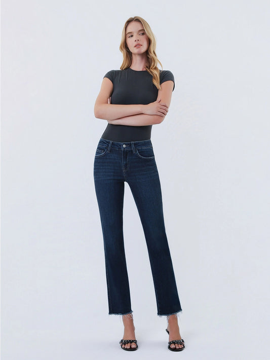 Reunite MR Dark Wash Raw Hem Ankle Straight Jeans