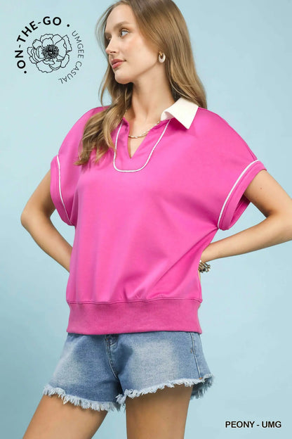 Christian Contrast Collar Soft Knit Polo Top- Peony