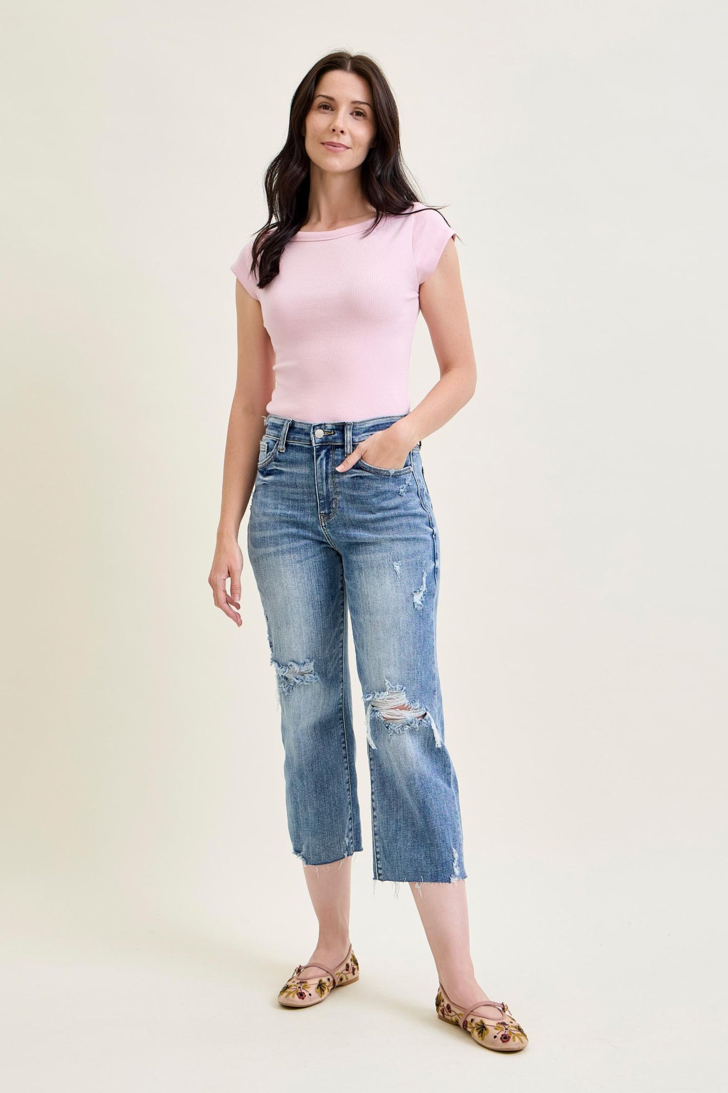 Annie High Waist w/ Destroy Crop Wide Leg Jeans