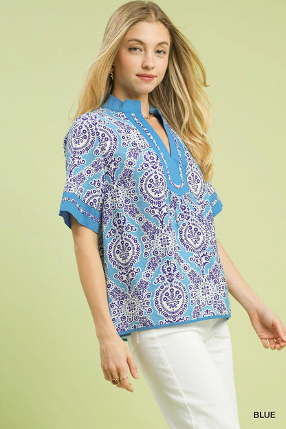 Amber Abstract Print V-Neck Top