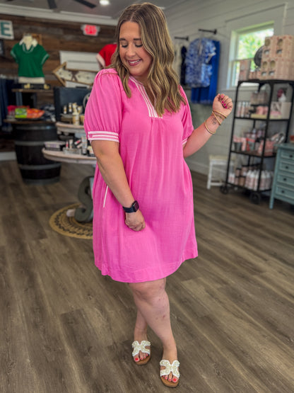 Makayla Linen Contrast Trim Puff Sleeve Dress
