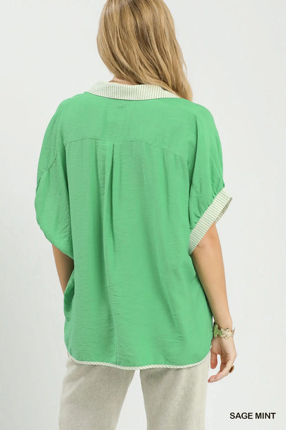 Tonya Oversized Contrast Stripe Trim Top-Sage