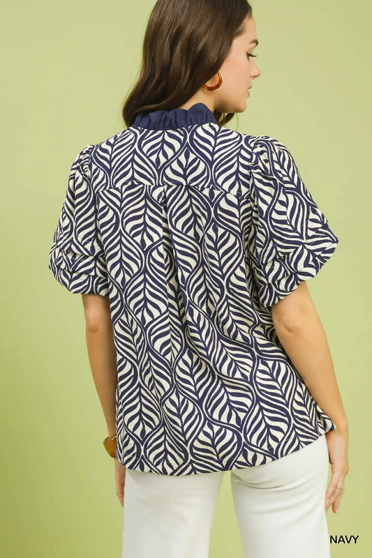 Cheryl Printed Puff Sleeve Ruffle Neck Top