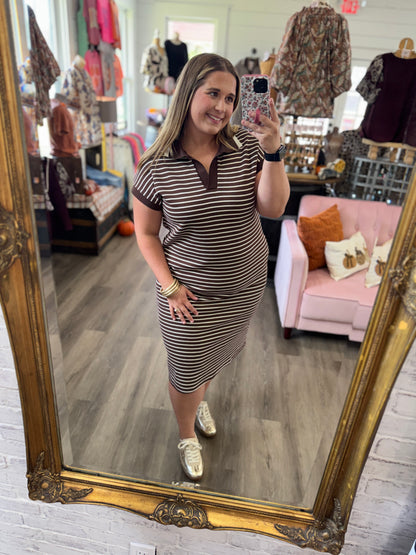 Striped Collared Pocket Midi Dress-Brown