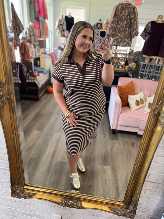Striped Collared Pocket Midi Dress-Brown