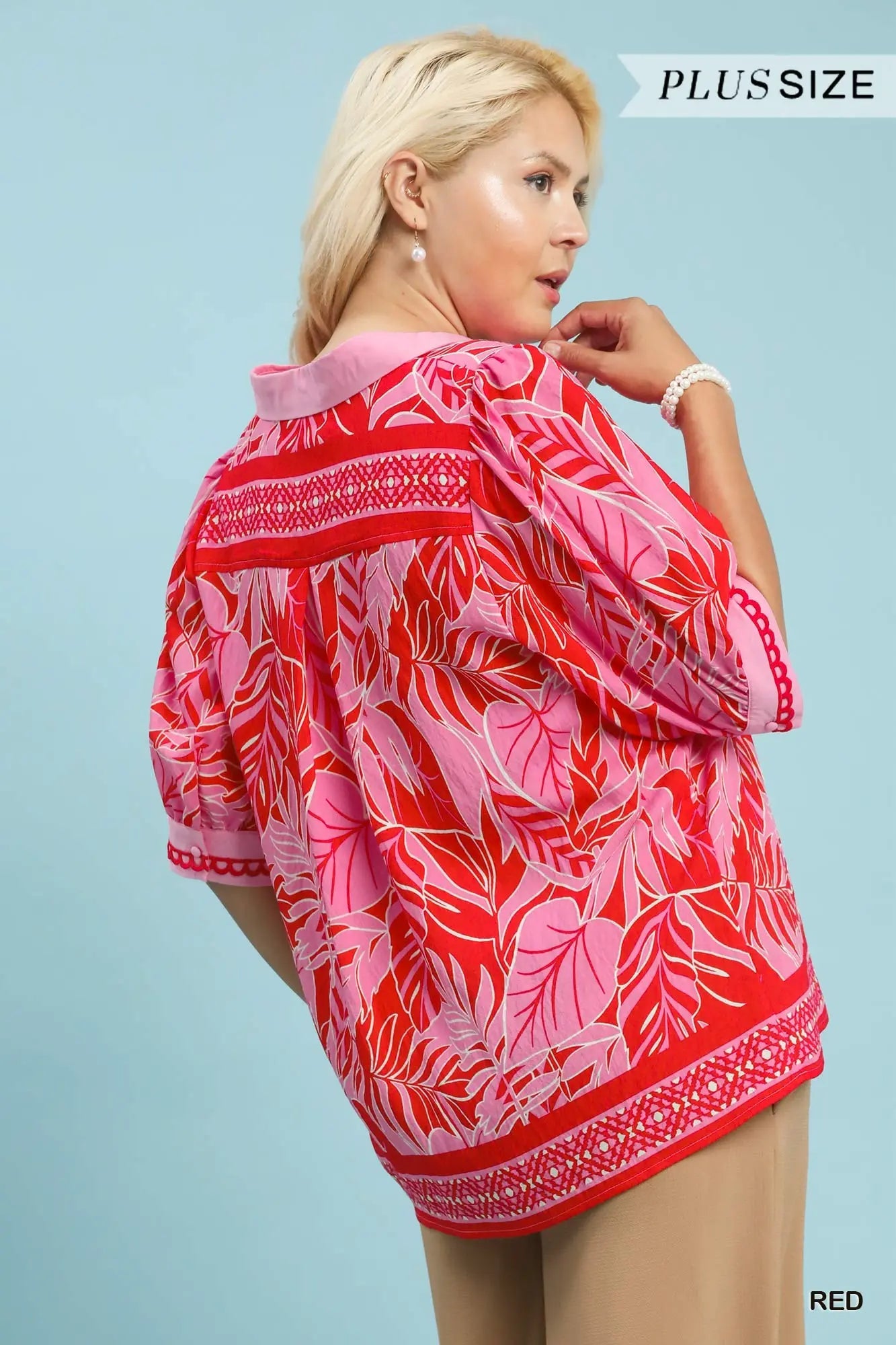 Liz Tropical Print Puff Sleeve Blouse-Red
