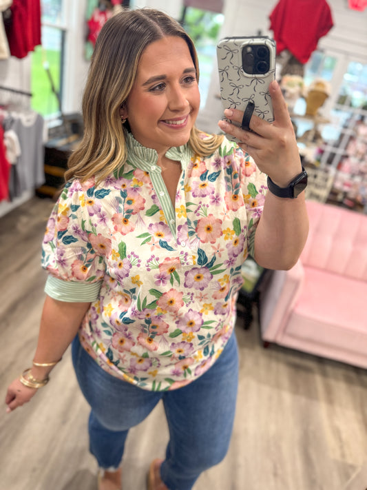 Stacy Floral Print Jacquard Ruffle Top