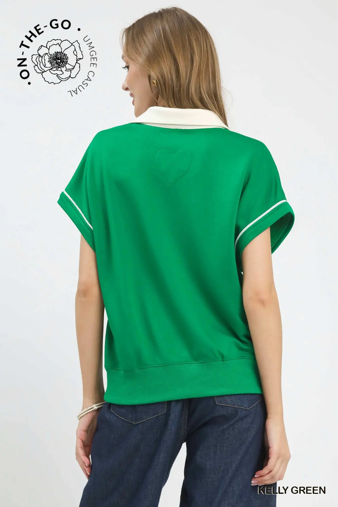 Christian Contrast Collar Soft Knit Polo Top- Green