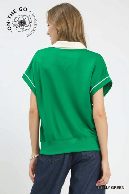Christian Contrast Collar Soft Knit Polo Top- Green
