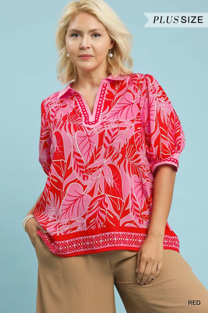 Liz Tropical Print Puff Sleeve Blouse-Red