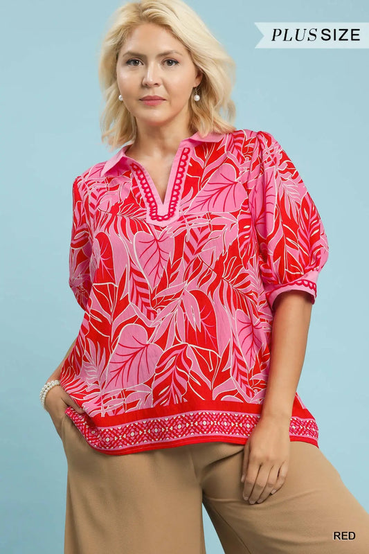 Liz Tropical Print Puff Sleeve Blouse-Red