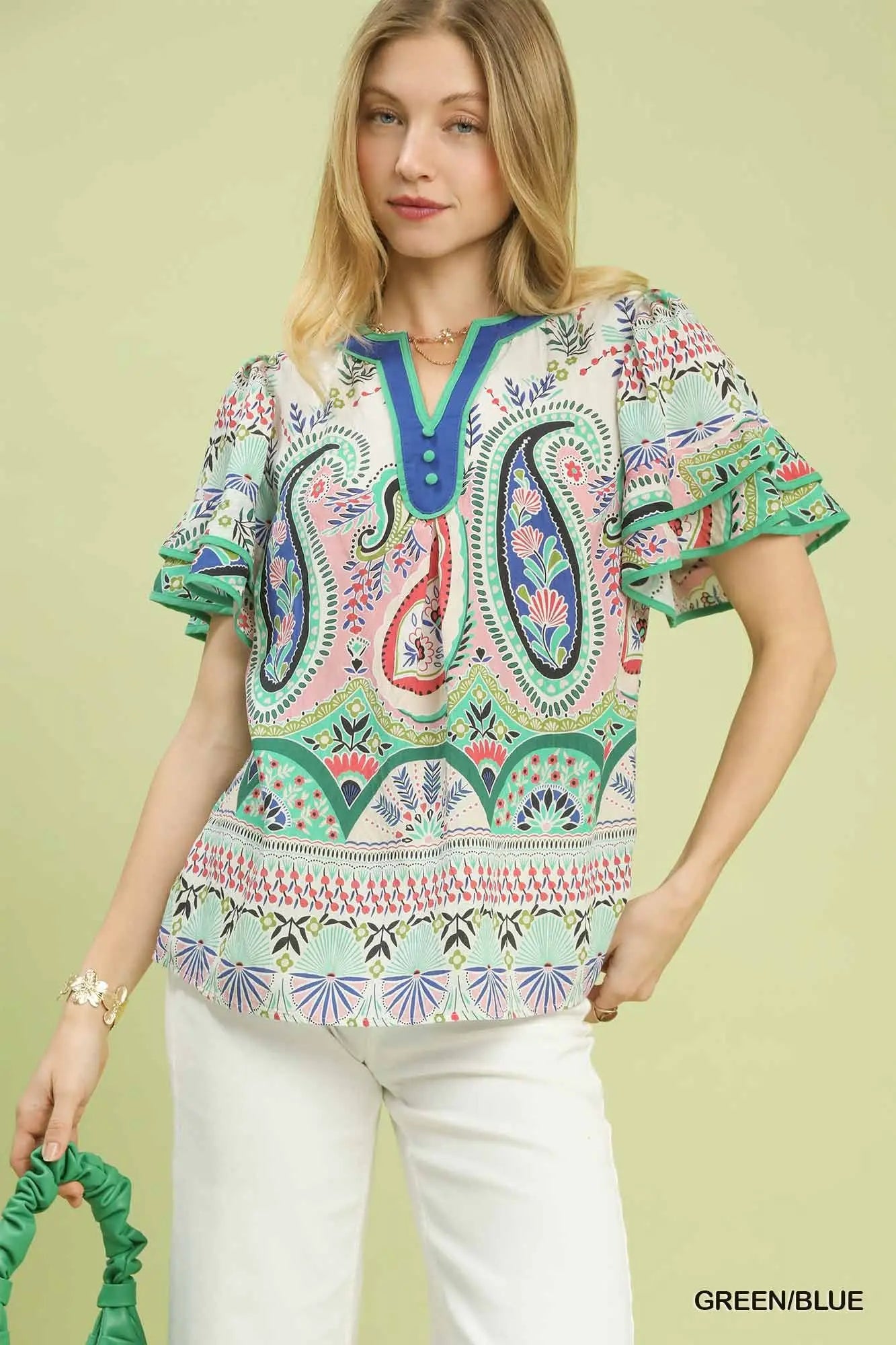 Andrea Paisley Print Ruffle Sleeve Blouse