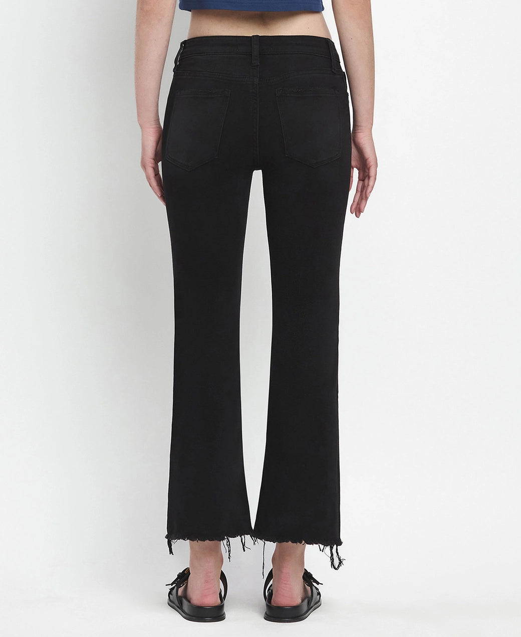 Mid Rise Raw Distressed Hem Crop Flare Jeans