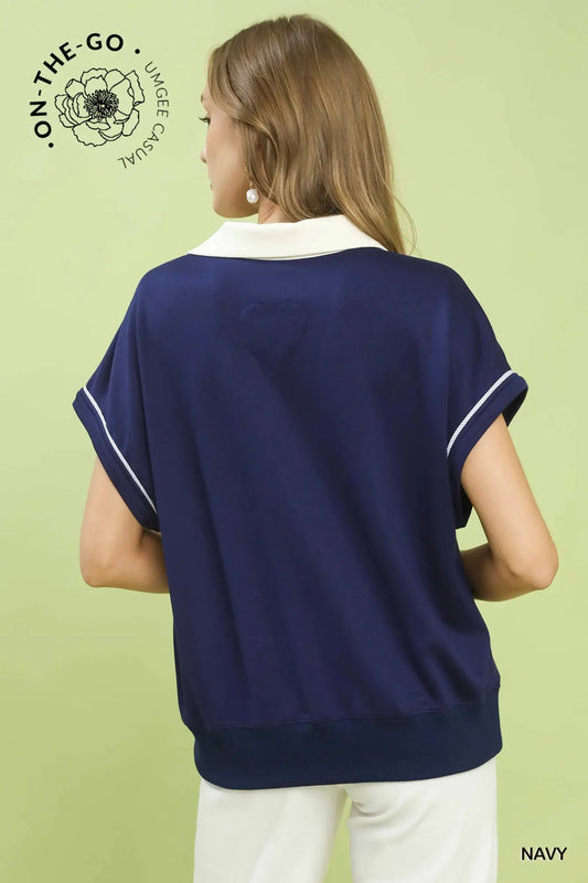Christian Contrast Collar Soft Knit Polo Top- Navy