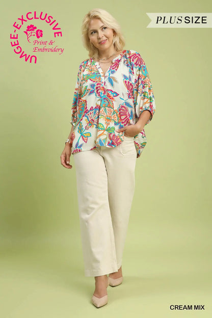 Sandra Paisley Print V-Neck Top-Cream Mix