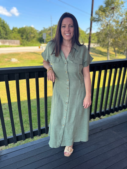 Ellie Contrast Stitch Collared Midi Dress-Olive
