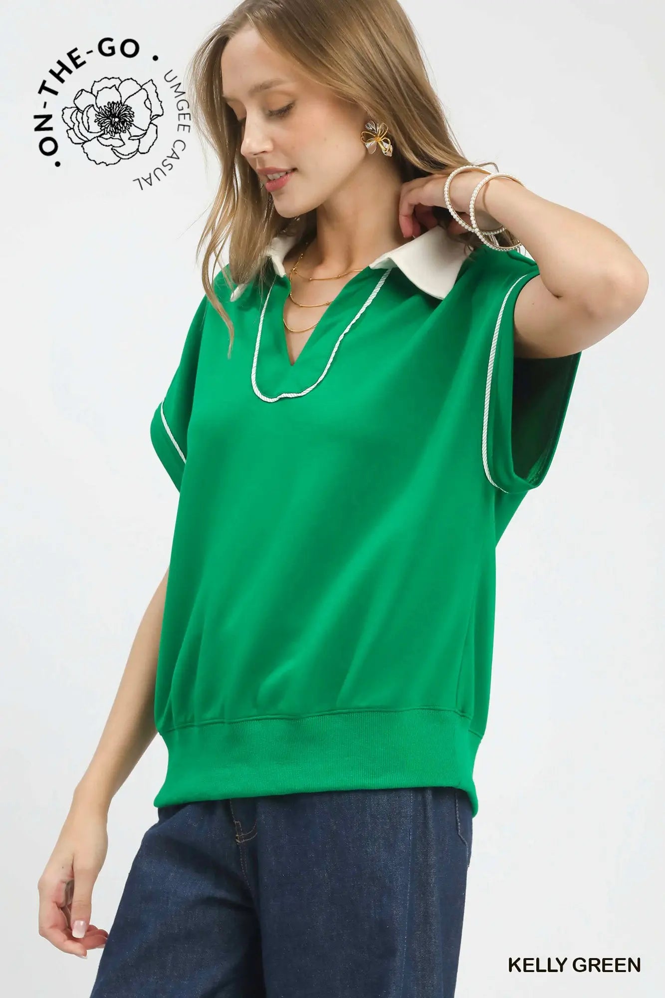 Christian Contrast Collar Soft Knit Polo Top- Green