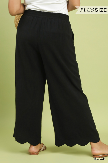 Alyssa Linen Blend Scallop Hem Wide Leg Pants- Black