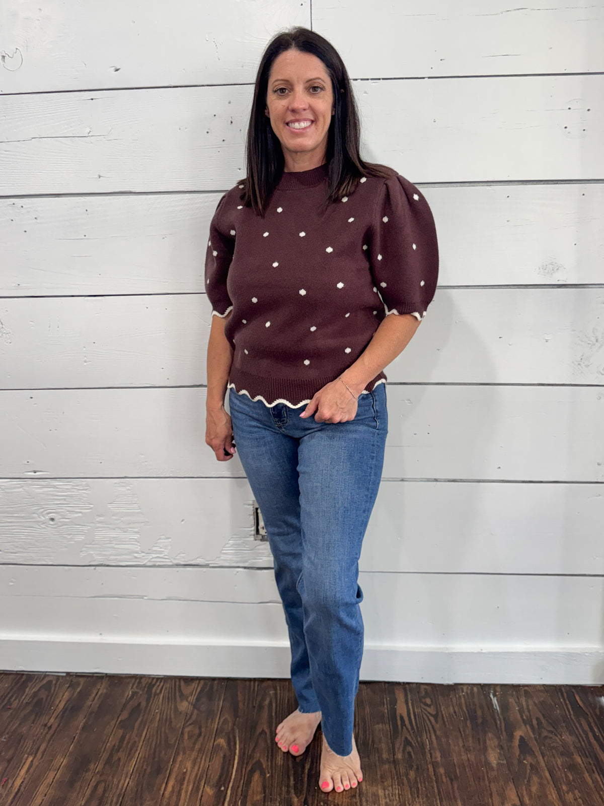 Audrey Scallop Dot Sweater- Brown