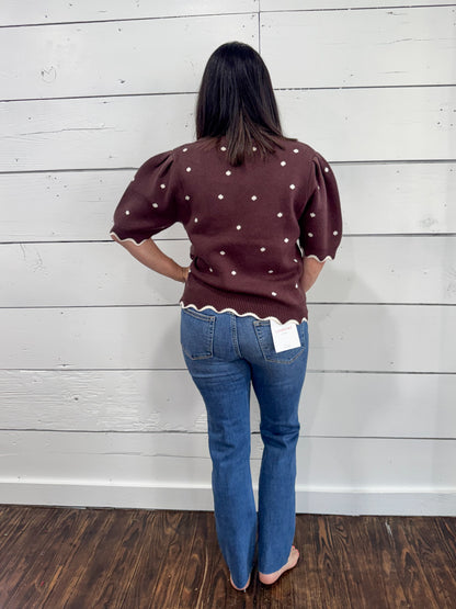 Audrey Scallop Dot Sweater- Brown
