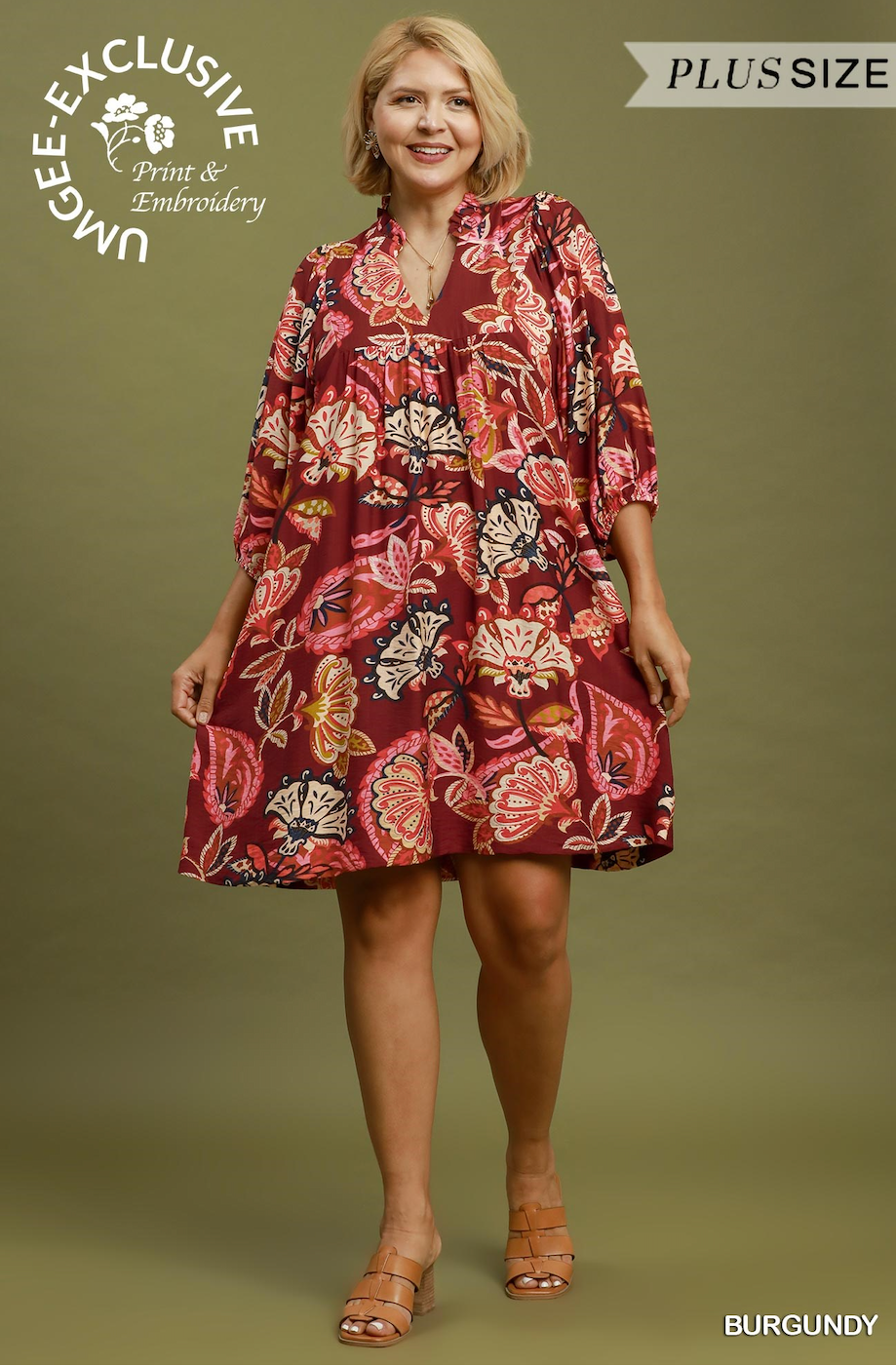 (S-2XL)Amber Abstract Print Puff Sleeve Babydoll Dress