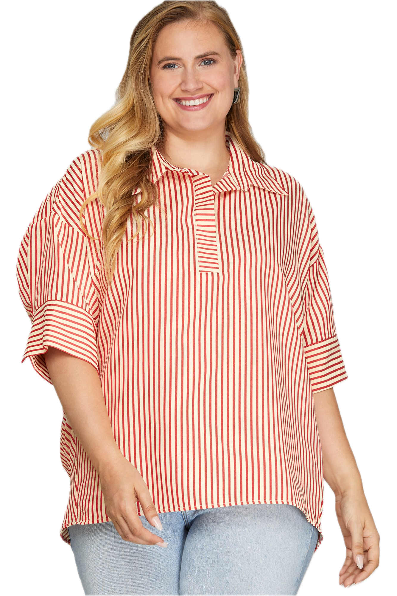 Woman wearing a red and white striped shirt on a white background