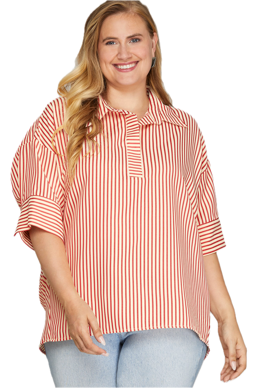 Woman wearing a red and white striped shirt on a white background