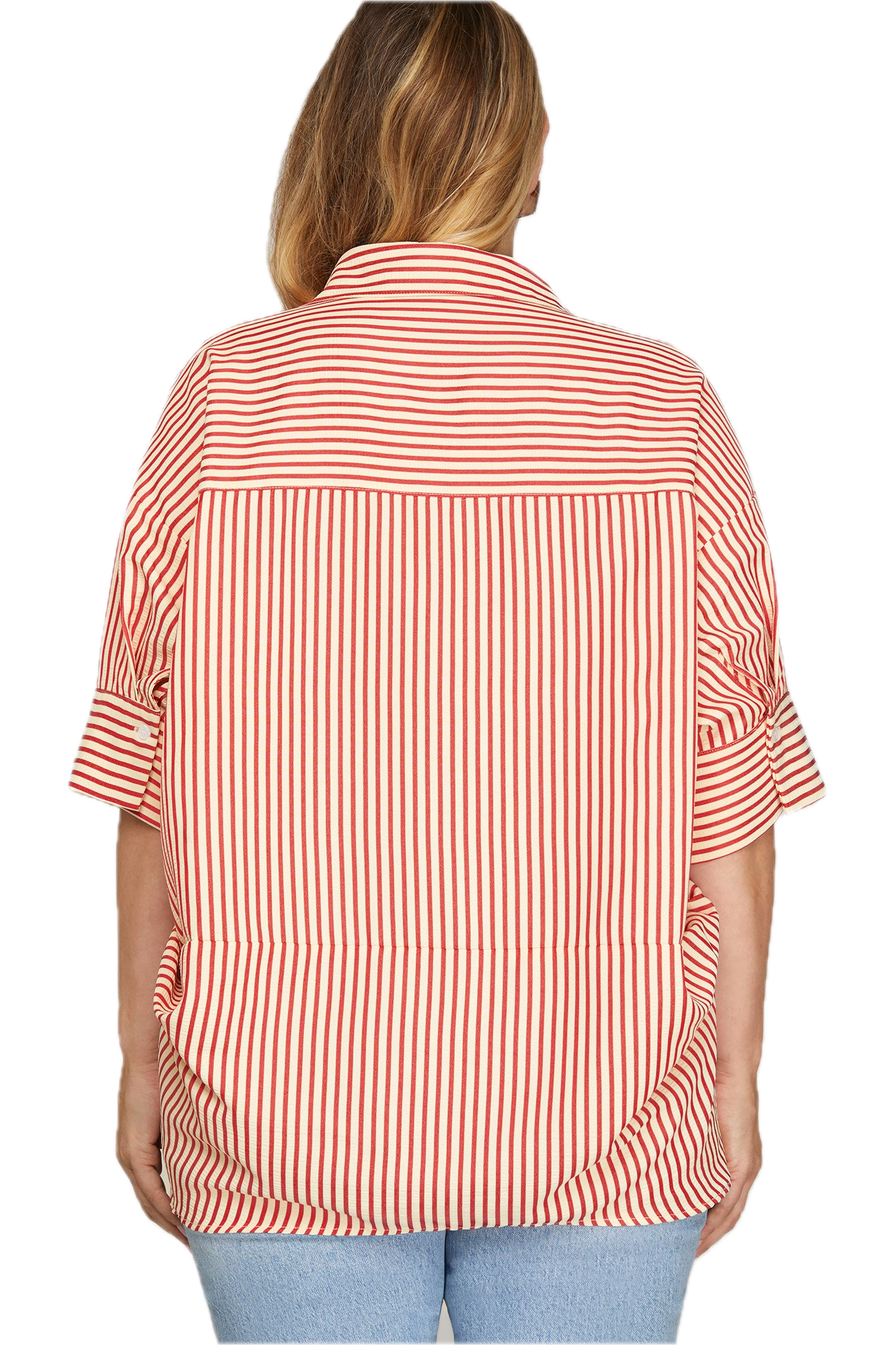 Woman wearing a red and white striped shirt on a white background