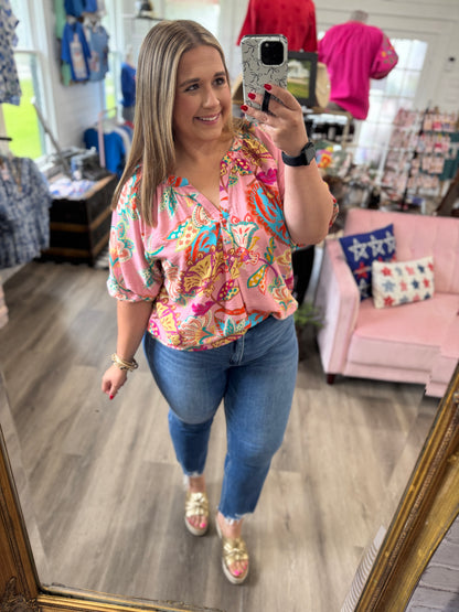Sandra Paisley Print V-Neck Top-Pink Mix