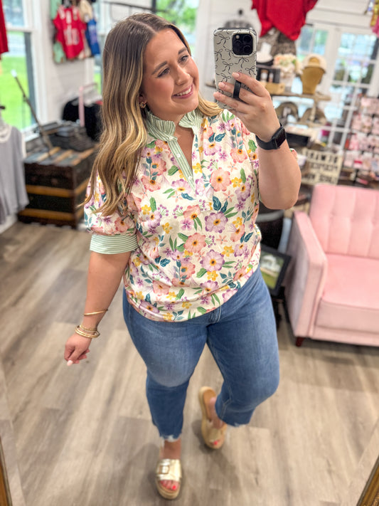 Stacy Floral Print Jacquard Ruffle Top