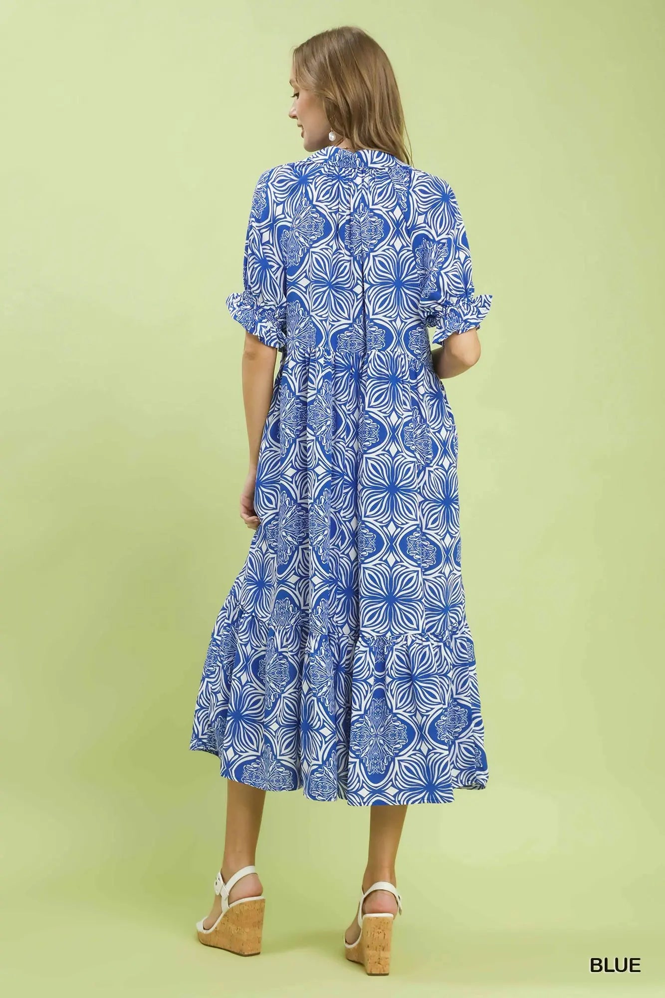 Em Abstract Print Collared Tiered Midi Dress
