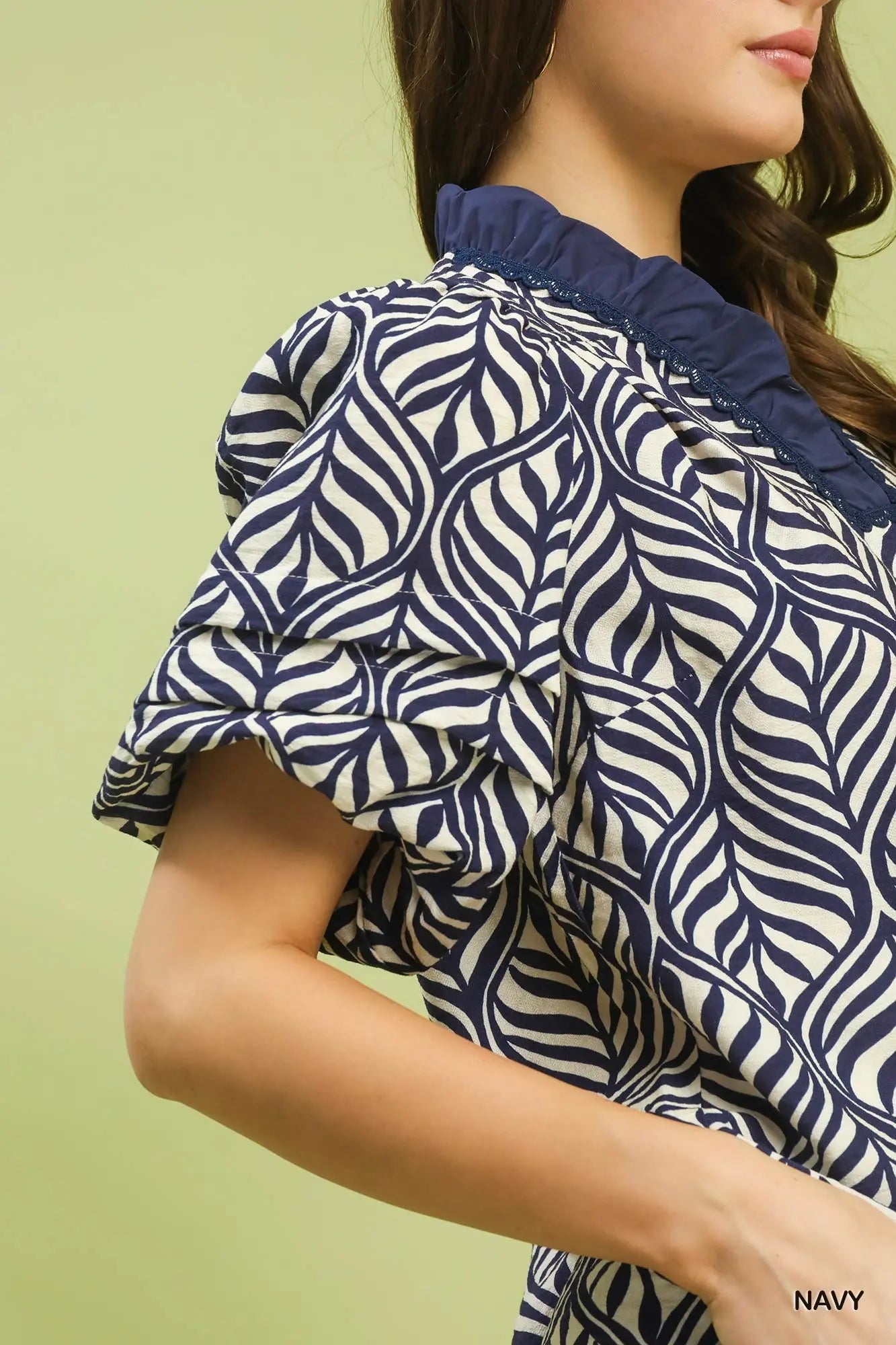 Cheryl Printed Puff Sleeve Ruffle Neck Top