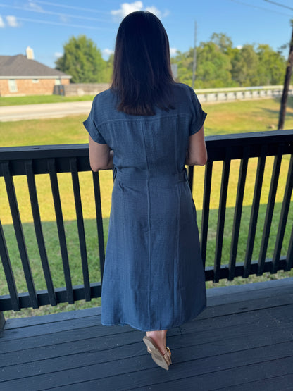 Ellie Contrast Stitch Collared Midi Dress-Denim