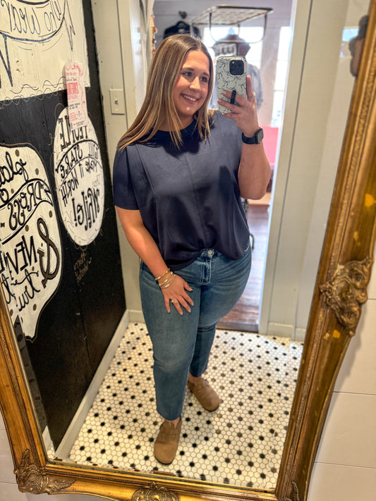 Erica Solid Drop Shoulder Top-Navy