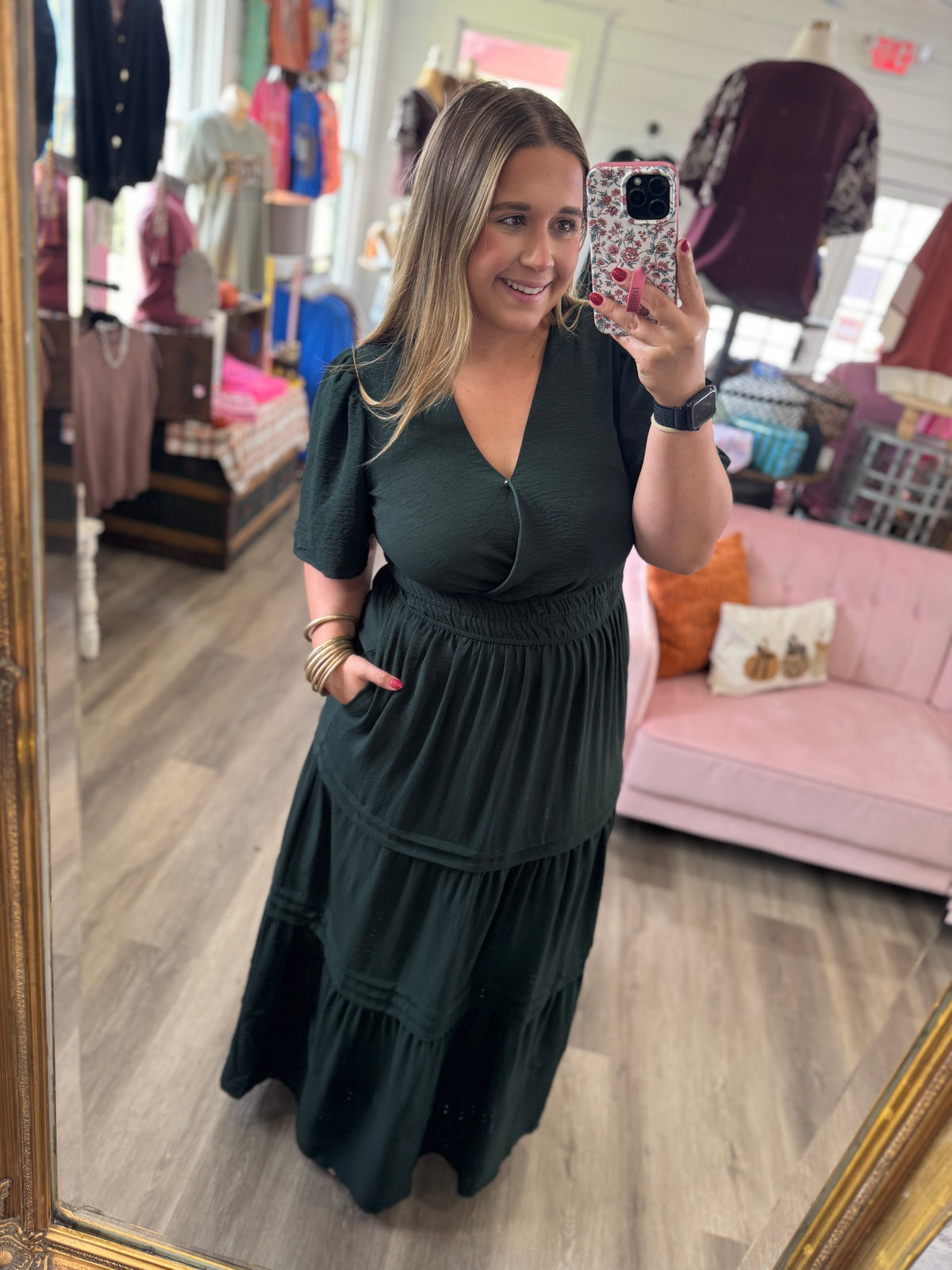 Sophie Pintuck Tiered Maxi Dress-Green