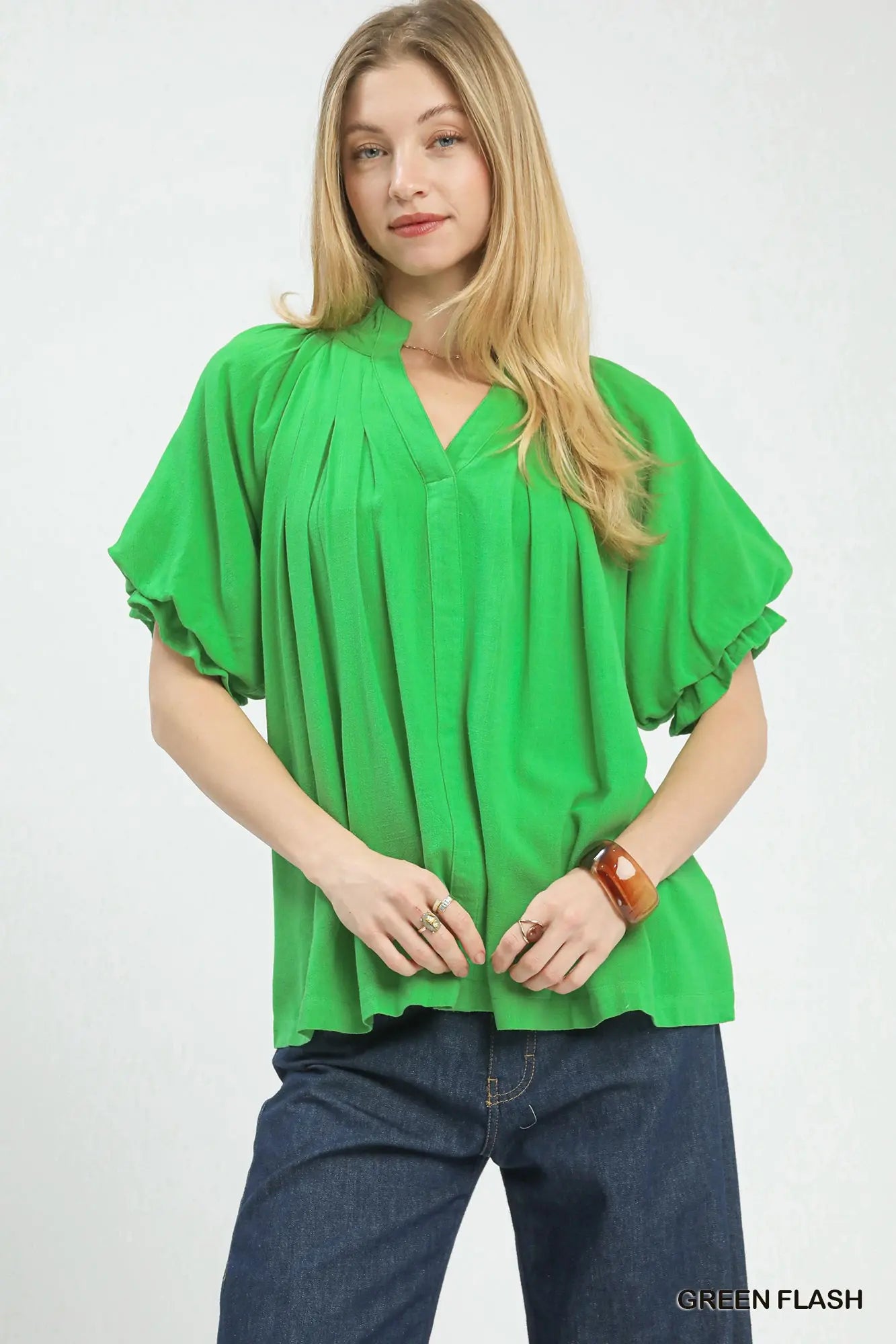 Leslie Linen V-Neck Flutter Sleeve Top- Green