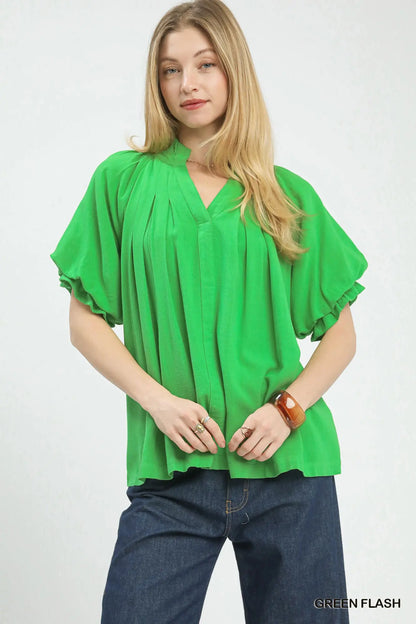 Leslie Linen V-Neck Flutter Sleeve Top- Green
