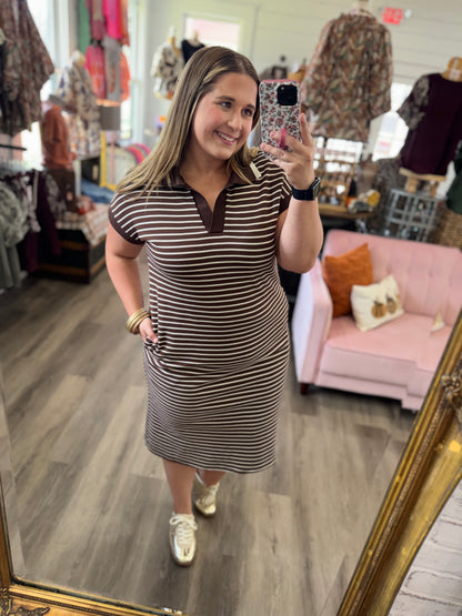 Striped Collared Pocket Midi Dress-Brown