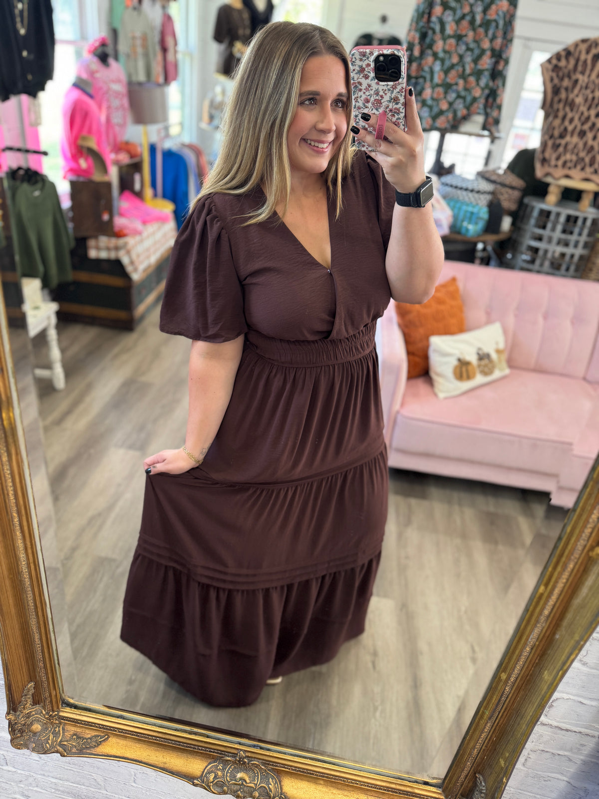 Sophie Pintuck Tiered Maxi Dress-Brown