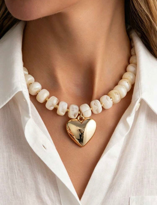 Gold Heart Pendant Beaded Necklace